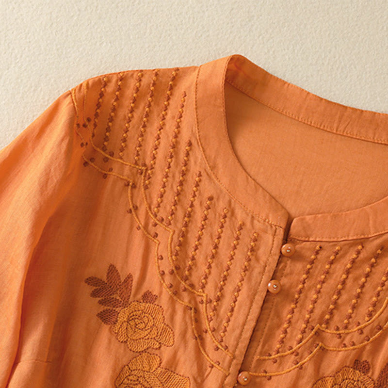 Buddha Stones Rose Floral Embroidery Button Half Sleeve Women's Cotton Shirt - image 26
