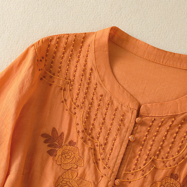 Buddha Stones Rose Floral Embroidery Button Half Sleeve Women's Cotton Shirt - image 26