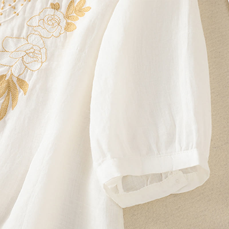 Buddha Stones Rose Floral Embroidery Button Half Sleeve Women's Cotton Shirt - image 40