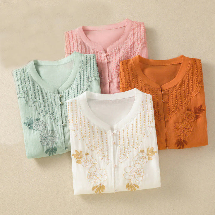 Buddha Stones Rose Floral Embroidery Button Half Sleeve Women's Cotton Shirt - image 41