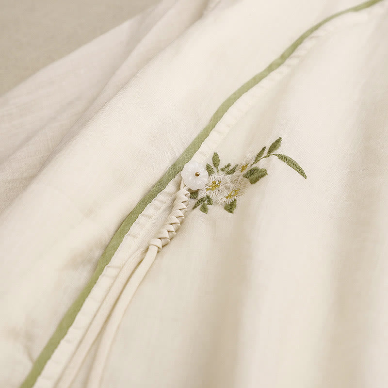 Buddha Stones Beige Floral Green Leaf Embroidery Crew Neck Three Quarter Sleeve Women's Cotton Shirt - image 4