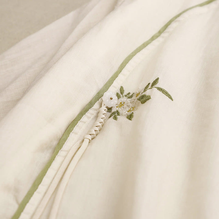 Buddha Stones Beige Floral Green Leaf Embroidery Crew Neck Three Quarter Sleeve Women's Cotton Shirt - image 4