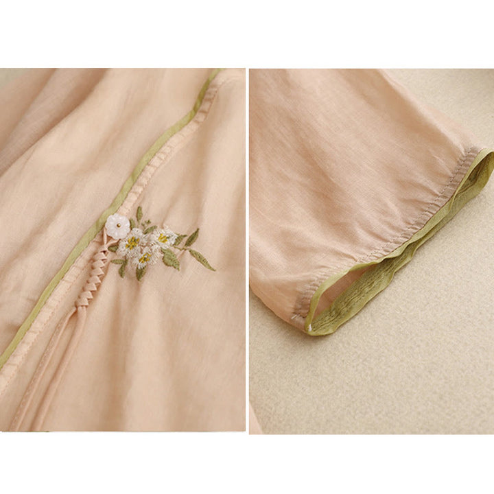 Buddha Stones Beige Floral Green Leaf Embroidery Crew Neck Three Quarter Sleeve Women's Shirt - image 17