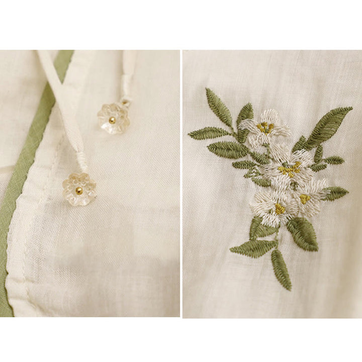 Buddha Stones Beige Floral Green Leaf Embroidery Crew Neck Three Quarter Sleeve Women's Cotton Shirt - image 10