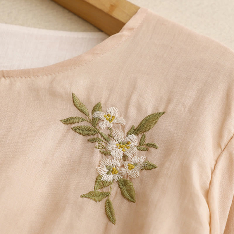 Buddha Stones Beige Floral Green Leaf Embroidery Crew Neck Three Quarter Sleeve Women's Cotton Shirt - image 16