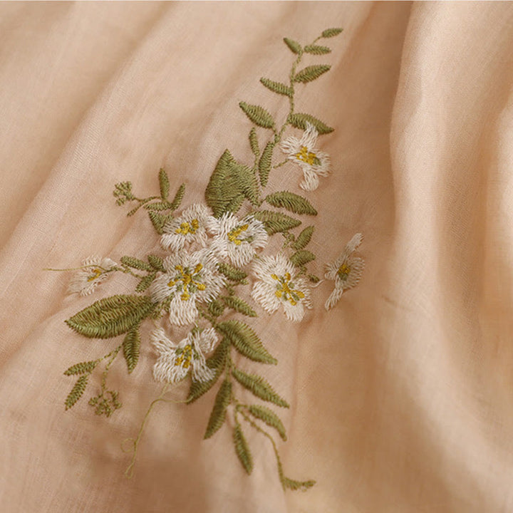Buddha Stones Beige Floral Green Leaf Embroidery Crew Neck Three Quarter Sleeve Women's Shirt - image 14