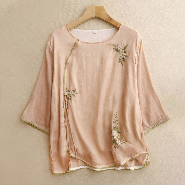 Buddha Stones Beige Floral Green Leaf Embroidery Crew Neck Three Quarter Sleeve Women's Cotton Shirt - PeachPuff - US12，UK/AU16，EU44 (2XL) - image 13