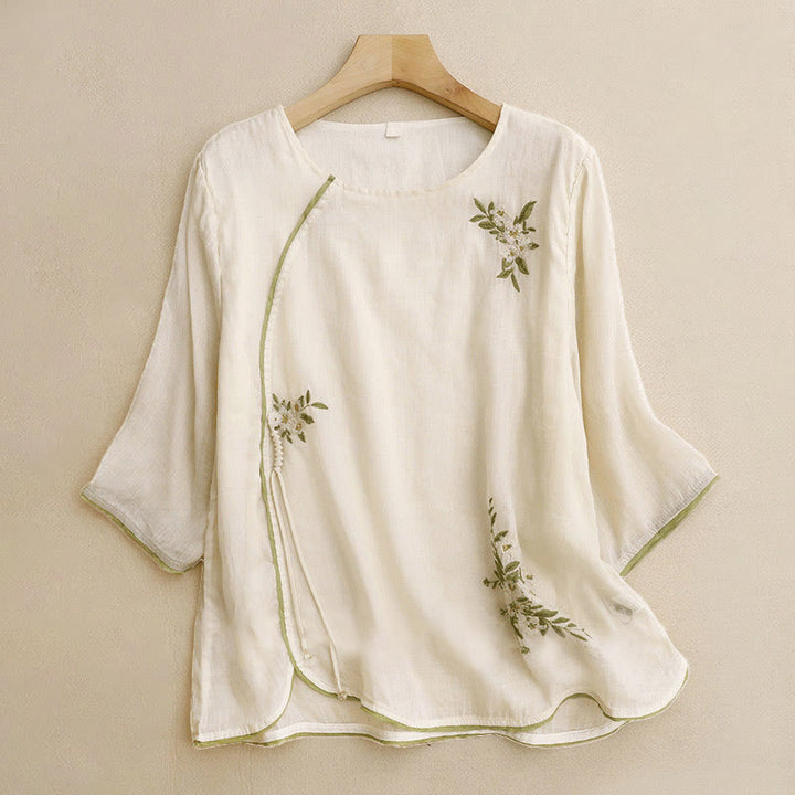 Buddha Stones Beige Floral Green Leaf Embroidery Crew Neck Three Quarter Sleeve Women's Cotton Shirt - Beige - US12，UK/AU16，EU44 (2XL) - image 0