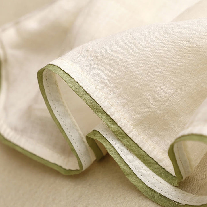 Buddha Stones Beige Floral Green Leaf Embroidery Crew Neck Three Quarter Sleeve Women's Cotton Shirt - image 8