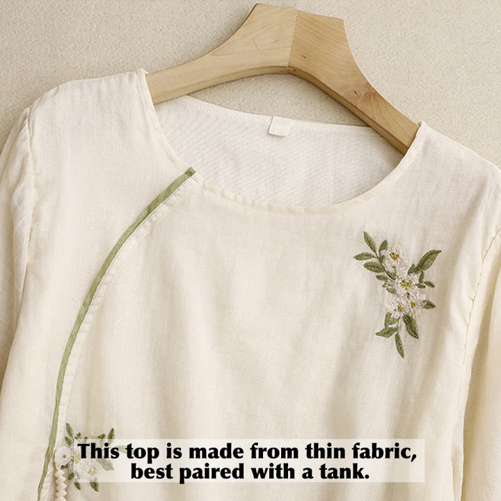 Buddha Stones Beige Floral Green Leaf Embroidery Crew Neck Three Quarter Sleeve Women's Cotton Shirt - image 2