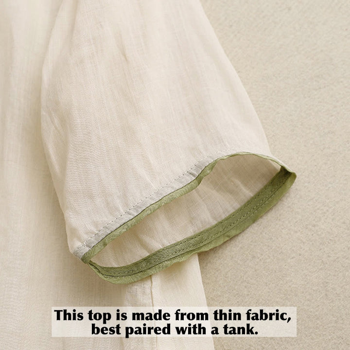 Buddha Stones Beige Floral Green Leaf Embroidery Crew Neck Three Quarter Sleeve Women's Cotton Shirt - image 3