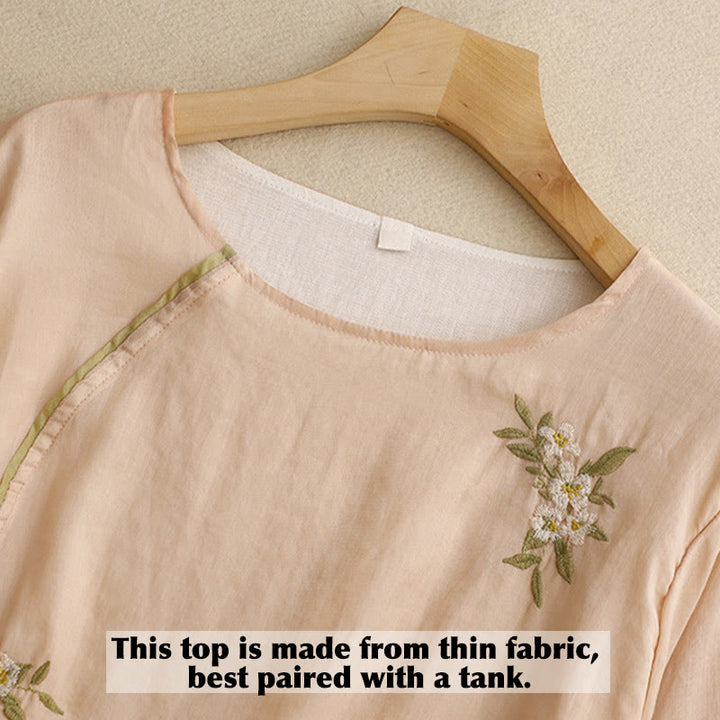 Buddha Stones Beige Floral Green Leaf Embroidery Crew Neck Three Quarter Sleeve Women's Cotton Shirt - image 14