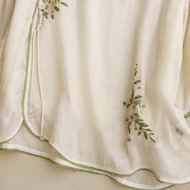 Buddha Stones Beige Floral Green Leaf Embroidery Crew Neck Three Quarter Sleeve Women's Cotton Shirt - image 5