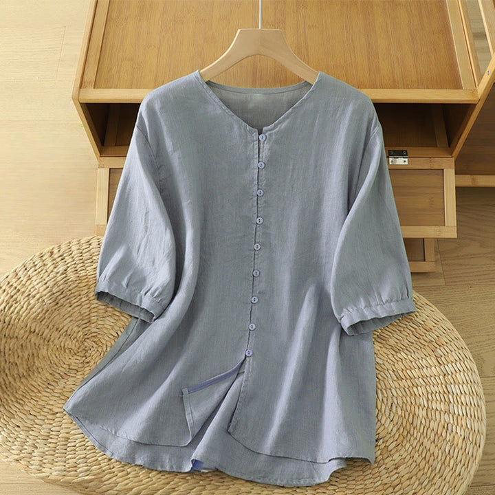 Buddha Stones Solid Buttons V-Neck Half Sleeve Women's Shirt - LightSteelBlue - US12，UK/AU16，EU44 (2XL) - image 21