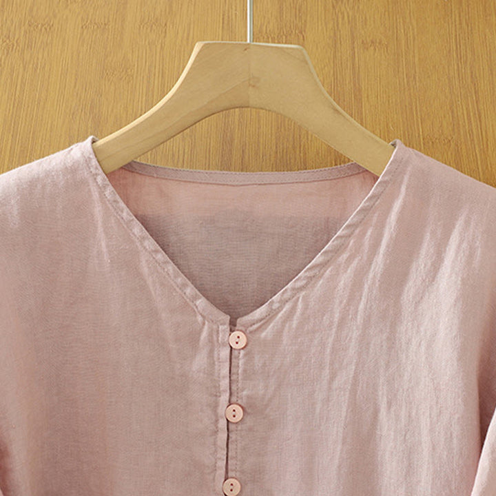 Buddha Stones Solid Buttons V-Neck Half Sleeve Women's Shirt - image 2