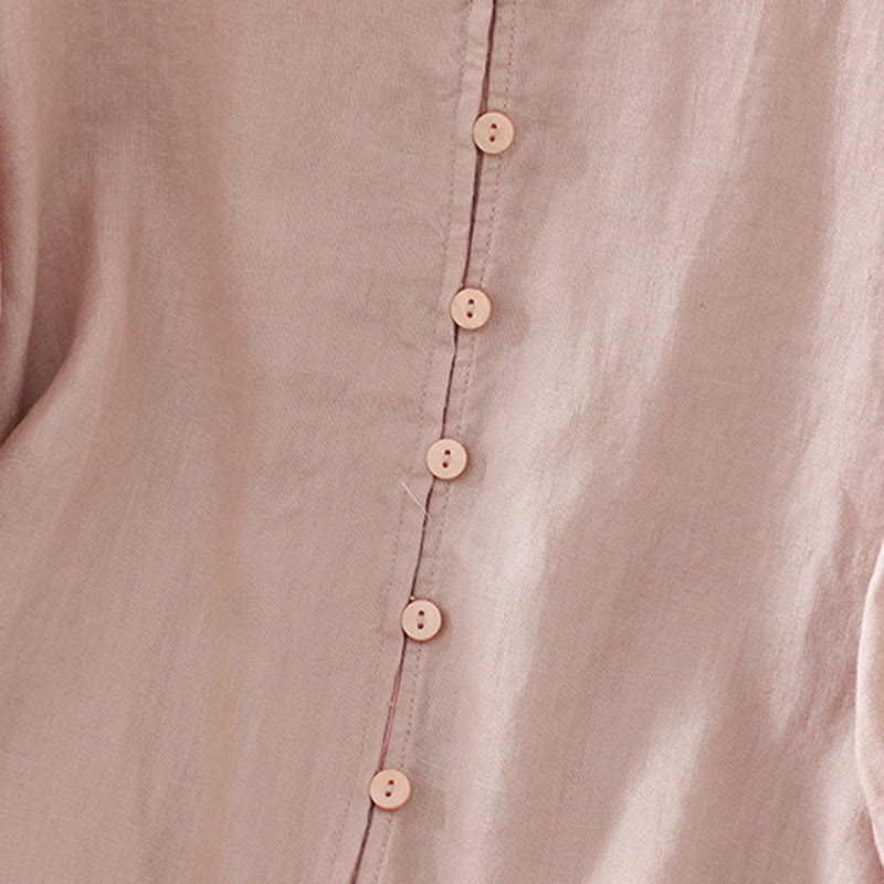 Buddha Stones Solid Buttons V-Neck Half Sleeve Women's Shirt - image 3