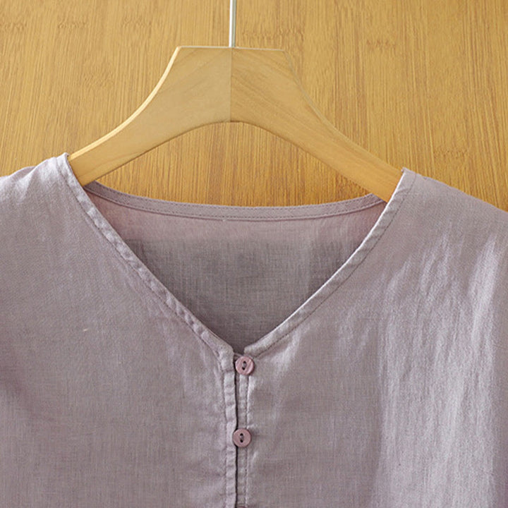 Buddha Stones Solid Buttons V-Neck Half Sleeve Women's Shirt - image 27