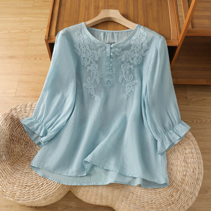 Buddha Stones Flower Vines Embroidery Button Crew Neck Three Quarter Sleeve Women's Cotton Shirt - LightBlue - US12，UK/AU16，EU44 (2XL) - image 25