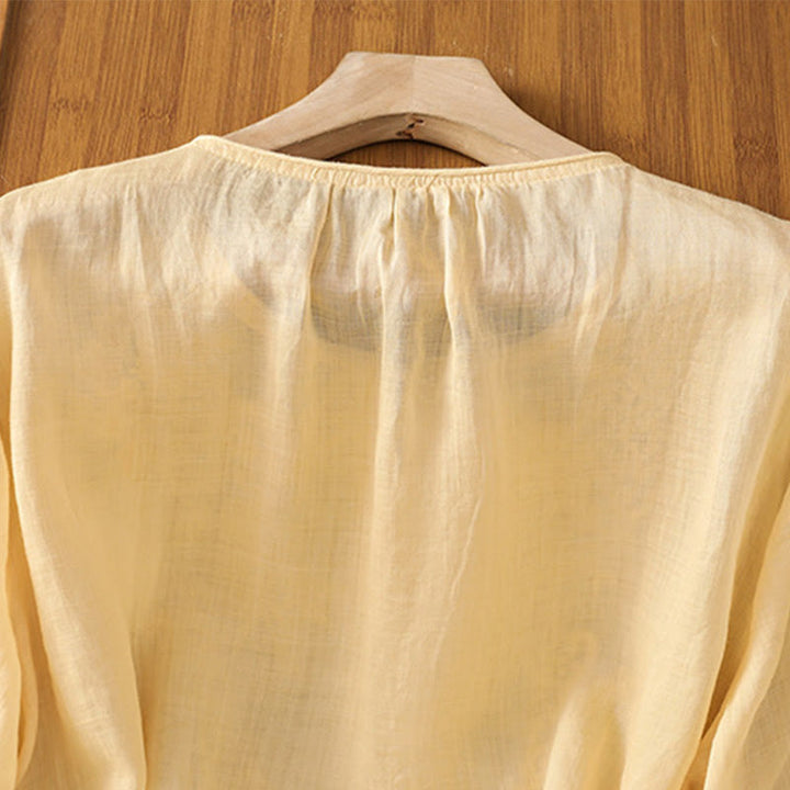 Buddha Stones Flower Vines Embroidery Button Crew Neck Three Quarter Sleeve Women's Cotton Shirt - image 5