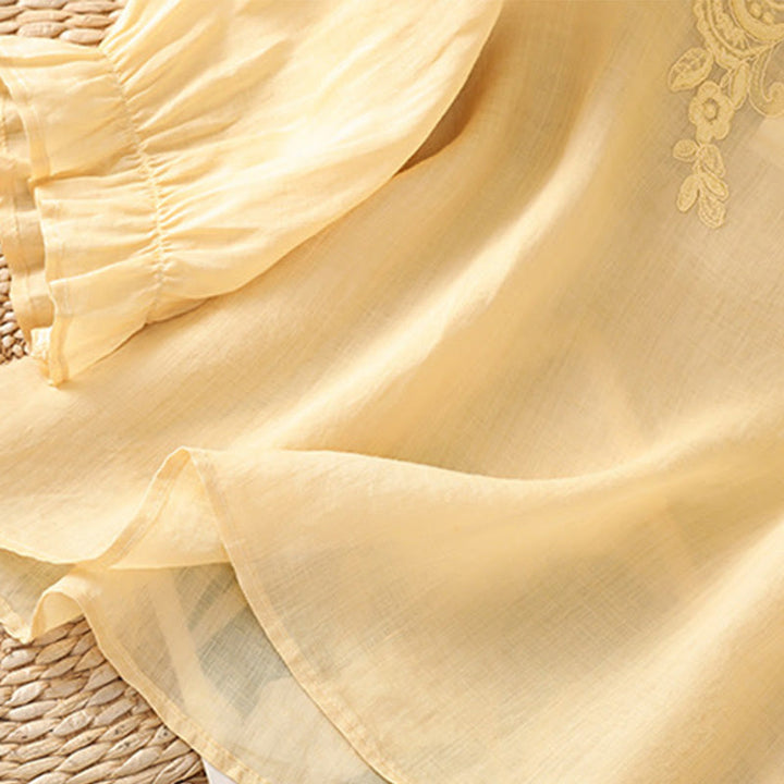 Buddha Stones Flower Vines Embroidery Button Crew Neck Three Quarter Sleeve Women's Cotton Shirt - image 8