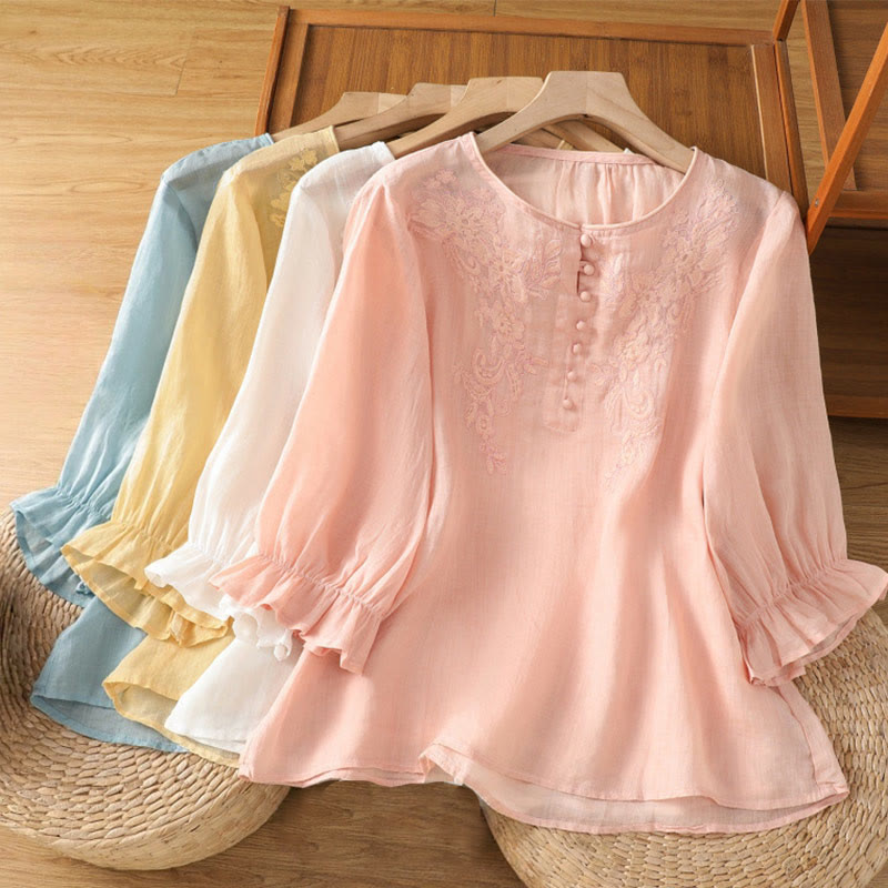 Buddha Stones Flower Vines Embroidery Button Crew Neck Three Quarter Sleeve Women's Shirt - image 1