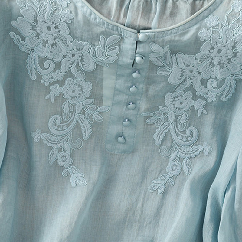 Buddha Stones Flower Vines Embroidery Button Crew Neck Three Quarter Sleeve Women's Cotton Shirt - image 30