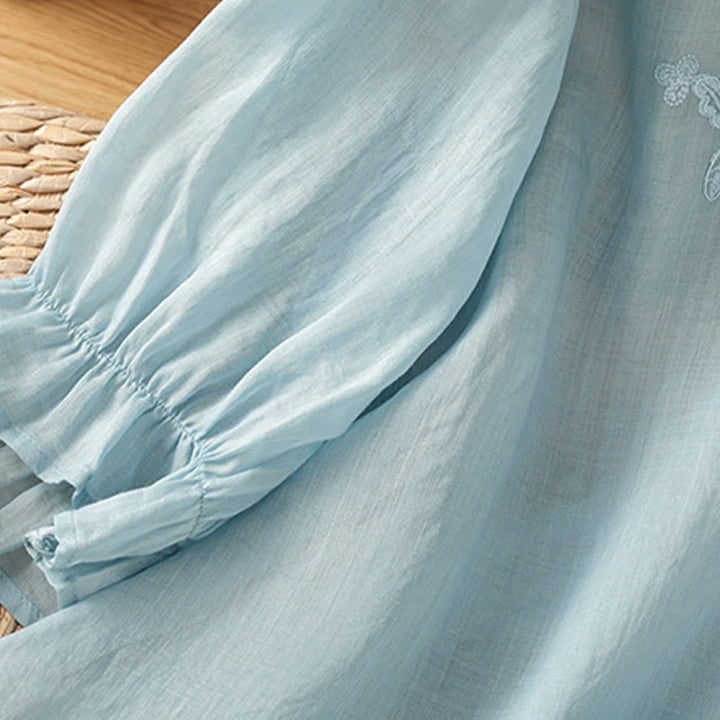 Buddha Stones Flower Vines Embroidery Button Crew Neck Three Quarter Sleeve Women's Cotton Shirt - image 31