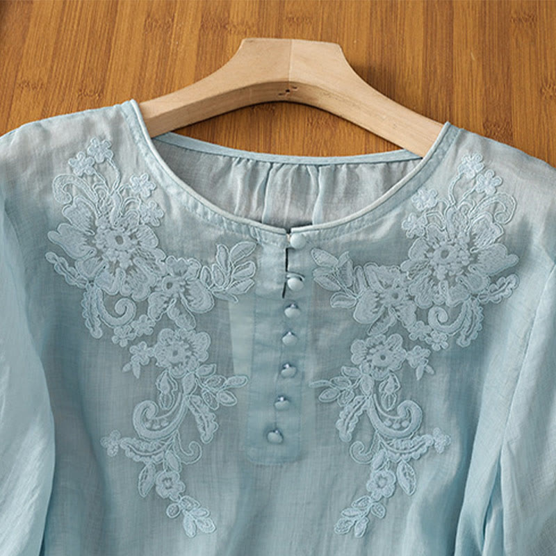 Buddha Stones Flower Vines Embroidery Button Crew Neck Three Quarter Sleeve Women's Cotton Shirt - image 27