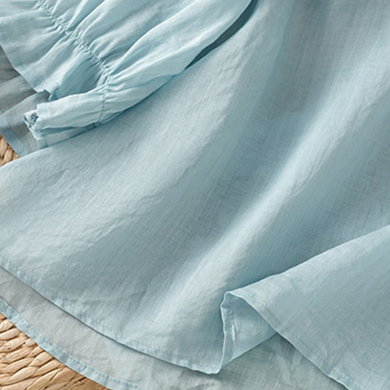 Buddha Stones Flower Vines Embroidery Button Crew Neck Three Quarter Sleeve Women's Cotton Shirt - image 32