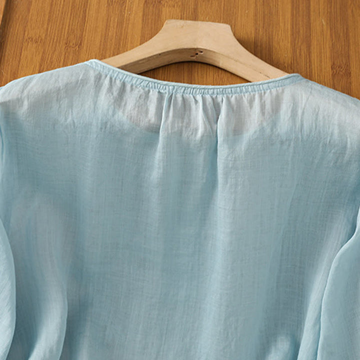 Buddha Stones Flower Vines Embroidery Button Crew Neck Three Quarter Sleeve Women's Cotton Shirt - image 28