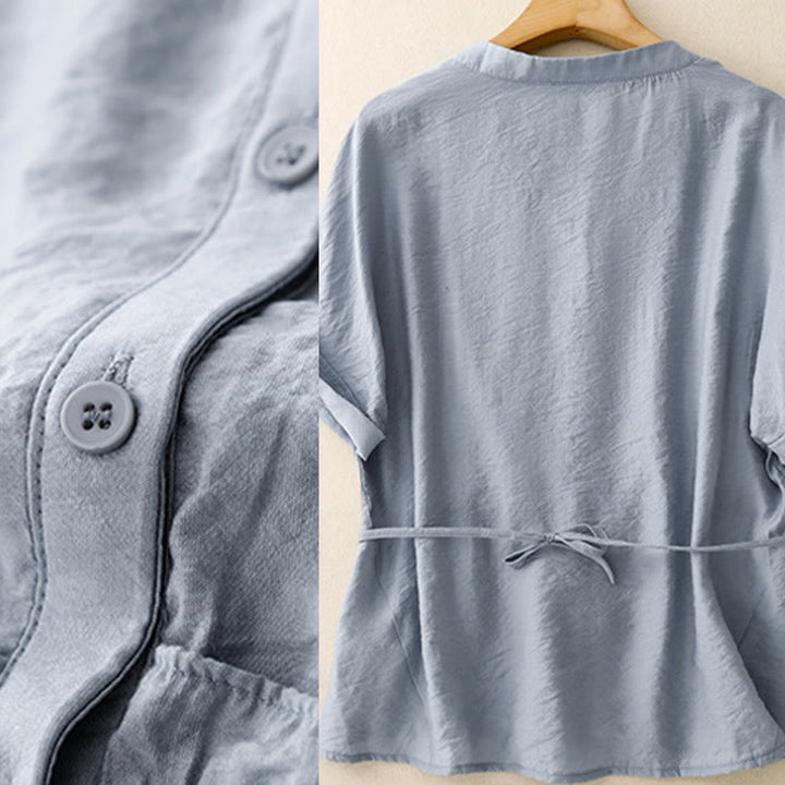 Buddha Stones Summer Button Lace-up Short Sleeve Women's Cotton Shirt - image 2