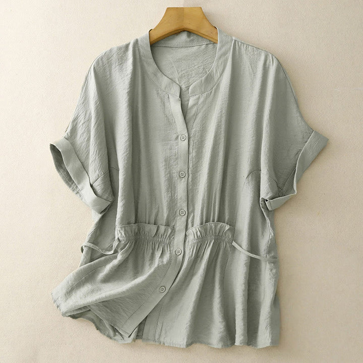 Buddha Stones Summer Button Lace-up Short Sleeve Women's Cotton Shirt - DarkSeaGreen - US8-10，UK/AU12-14，EU40-42 (2XL) - image 12