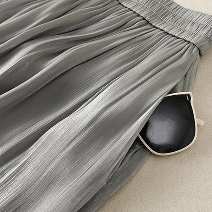 Buddha Stones Light Gray Pleated Design Elastic Waist Women's Wide Leg Pants With Pockets - image 9