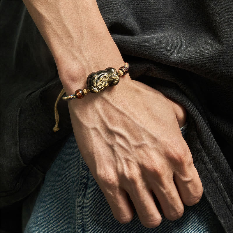 Buddha Stones Gold Sheen Obsidian PiXiu Wealth Rope Bracelet - image 5