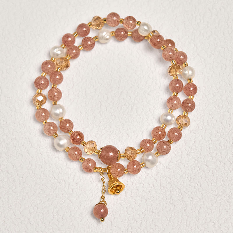 Buddha Stones Natural Strawberry Quartz Pearl Bell Healing Double Wrap Bracelet