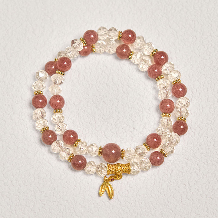 Buddha Stones Natural Strawberry Quartz Crystal Bamboo Positive Double Wrap Bracelet
