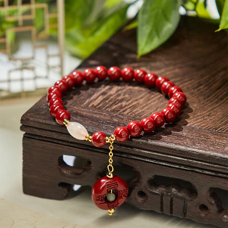 Buddha Stones Natural Cinnabar Peace Buckle Charm Blessing Bracelet