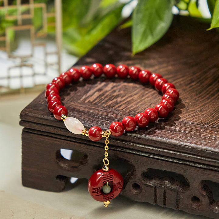 Buddha Stones Natural Cinnabar Peace Buckle Charm Blessing Bracelet