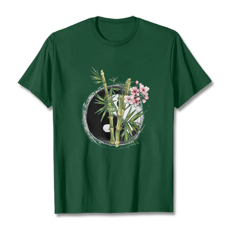 Buddha Stones Yin Yang Bamboo Peach Blossoms Pattern Tee T-shirt - ForestGreen - 2XL - image 11