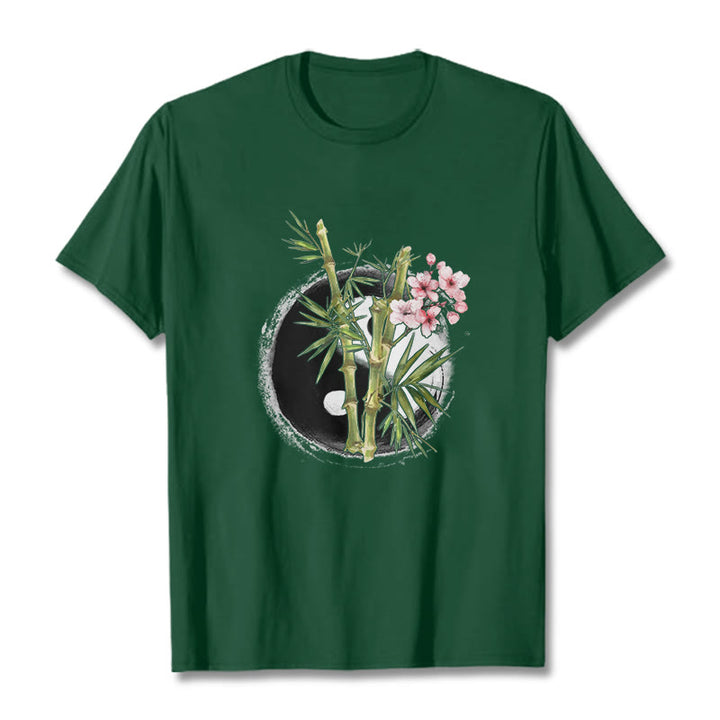 Buddha Stones Yin Yang Bamboo Peach Blossoms Pattern Tee T-shirt - ForestGreen - 2XL - image 11