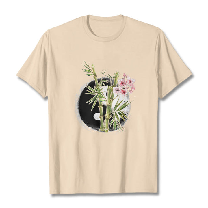 Buddha Stones Yin Yang Bamboo Peach Blossoms Pattern Tee T-shirt - Bisque - 2XL - image 9