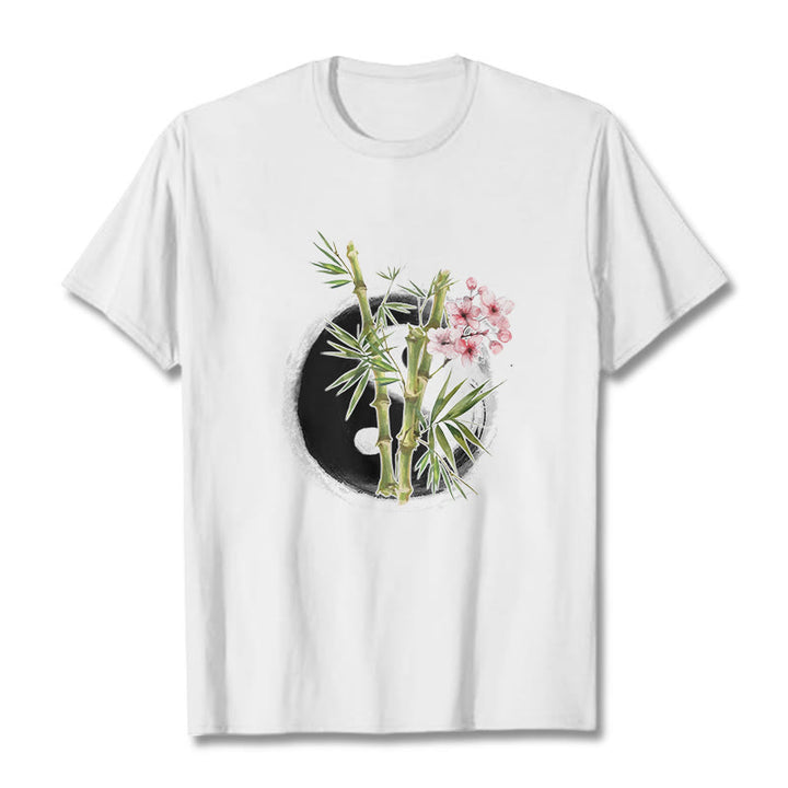 Buddha Stones Yin Yang Bamboo Peach Blossoms Pattern Tee T-shirt - White - 2XL - image 6