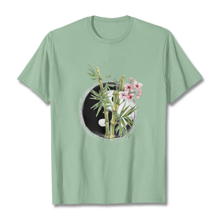 Buddha Stones Yin Yang Bamboo Peach Blossoms Pattern Tee T-shirt - PaleGreen - 2XL - image 15