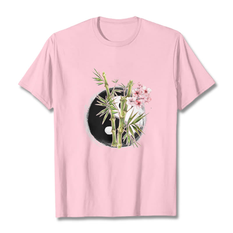 Buddha Stones Yin Yang Bamboo Peach Blossoms Pattern Tee T-shirt - LightPink - 2XL - image 13
