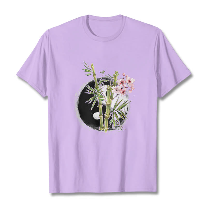 Buddha Stones Yin Yang Bamboo Peach Blossoms Pattern Tee T-shirt - Plum - 2XL - image 17