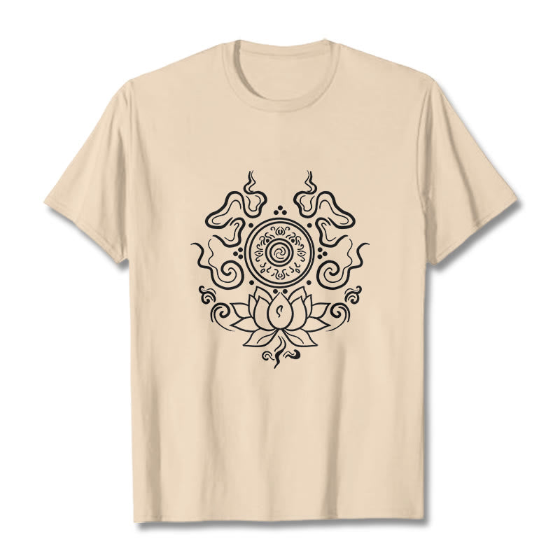 Buddha Stones Dharma Wheel Lotus Flower Pattern Tee T-shirt - Bisque - 2XL - image 1