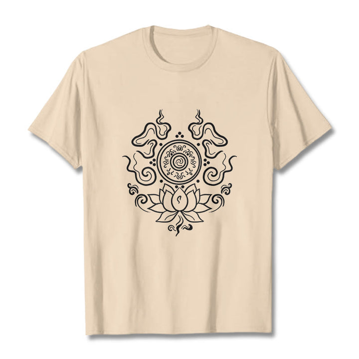 Buddha Stones Dharma Wheel Lotus Flower Pattern Tee T-shirt - Bisque - 2XL - image 1