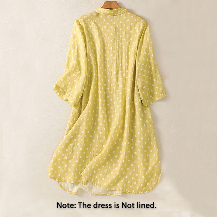 Buddha Stones Spring Polka Dot Button Stand Collar Polyester Midi Dress With Pockets - image 2