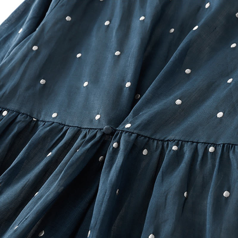 Buddha Stones Back Button Dot Pattern Half Sleeve Cotton Linen Midi Dress With Pockets - image 6