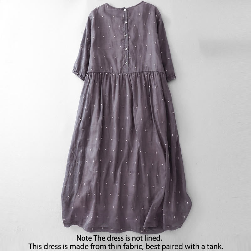 Buddha Stones Back Button Dot Pattern Half Sleeve Cotton Linen Midi Dress With Pockets - image 1